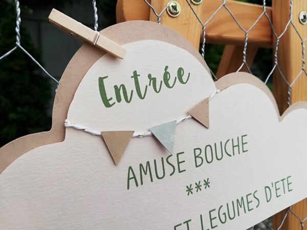 Carterie originale pour un menu en forme de nuage créée par Esprit Pop'Up pour un baptême